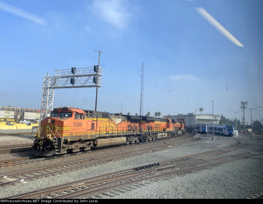 Passing a BNSF freight as we depart the San Bernardino Santa Fe Depot